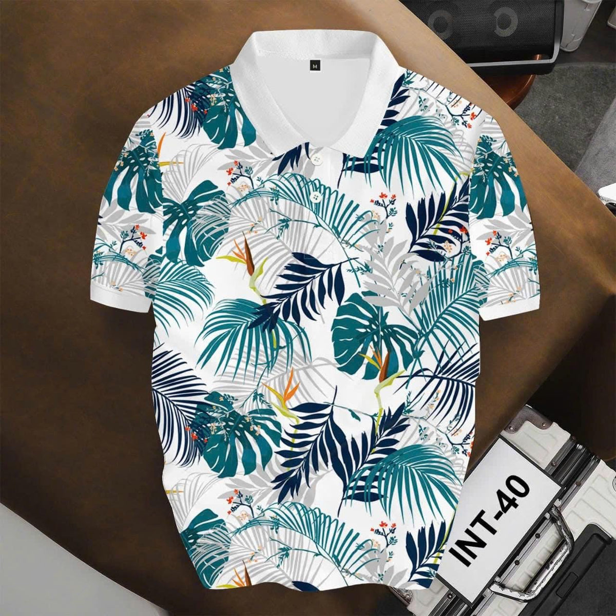 Tropical Leaf Print Polo Shirt, Botanical Pattern, Summer Vacation Top