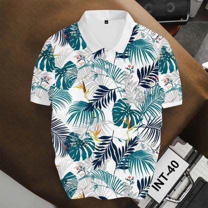 Tropical Leaf Print Polo Shirt, Botanical Pattern, Summer Vacation Top