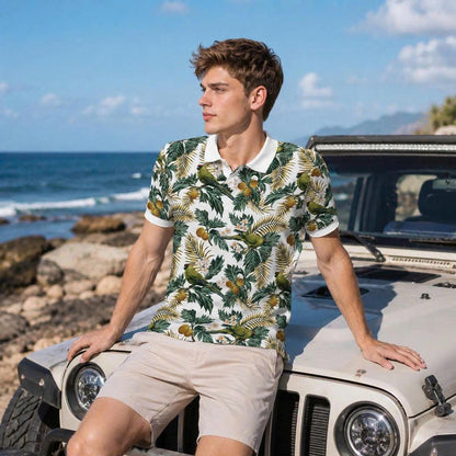 Botanical Garden Polo Shirt, Palm Leaf & Bird Print, Casual Short Sleeve Collared Shirt