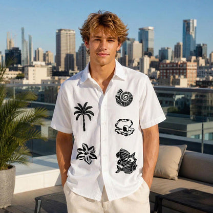 Tropical Ocean Graphic Shirt, Palm Tree Seashell Fish Print, Casual Short Sleeve Button Up