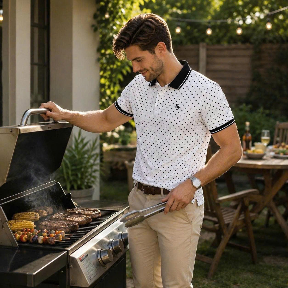 Polka Dot Polo Shirt, Classic Black & White Print, Casual Short Sleeve Collared Shirt