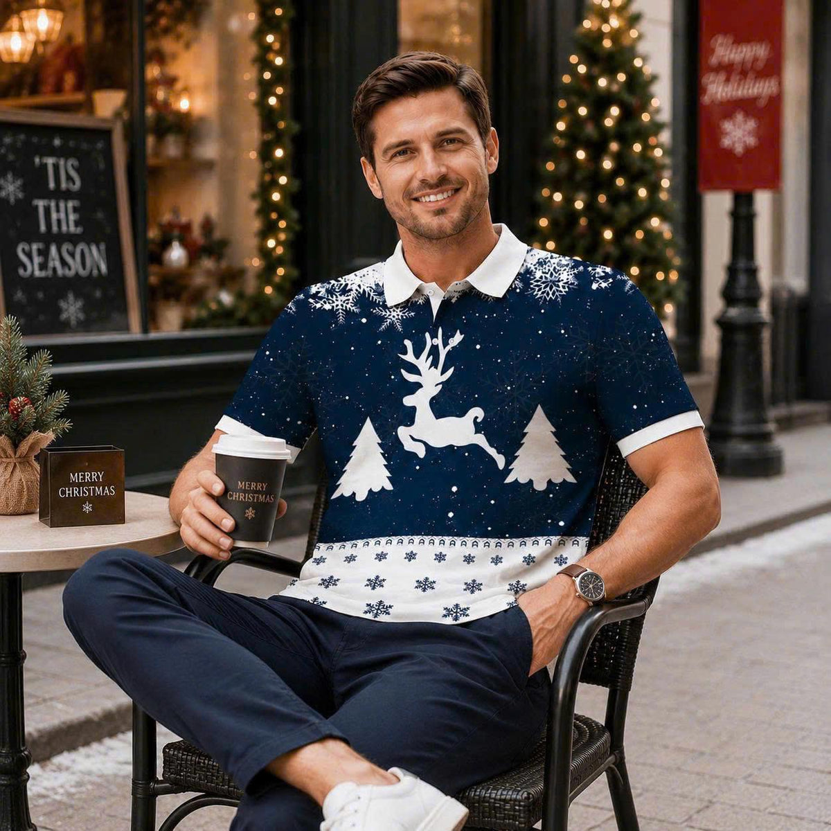 Men's Christmas Reindeer Polo Shirt, Blue Snowflake Holiday Tee