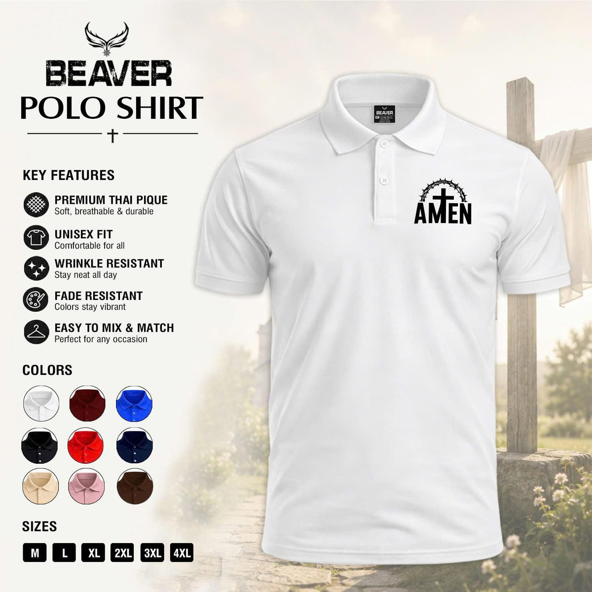 Amen Cross Graphic Polo Shirt, Crown of Thorns Design, Men's Casual Short Sleeve Top