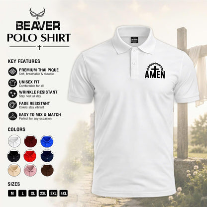 Amen Cross Graphic Polo Shirt, Crown of Thorns Design, Men's Casual Short Sleeve Top