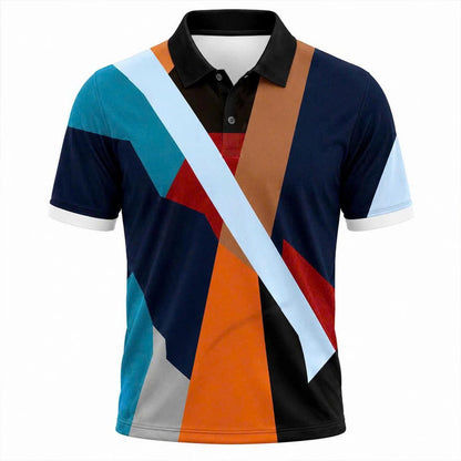 Abstract Geometric Polo Shirt, Color Block Pattern, Modern Art Design, Men's Casual Fashion Top