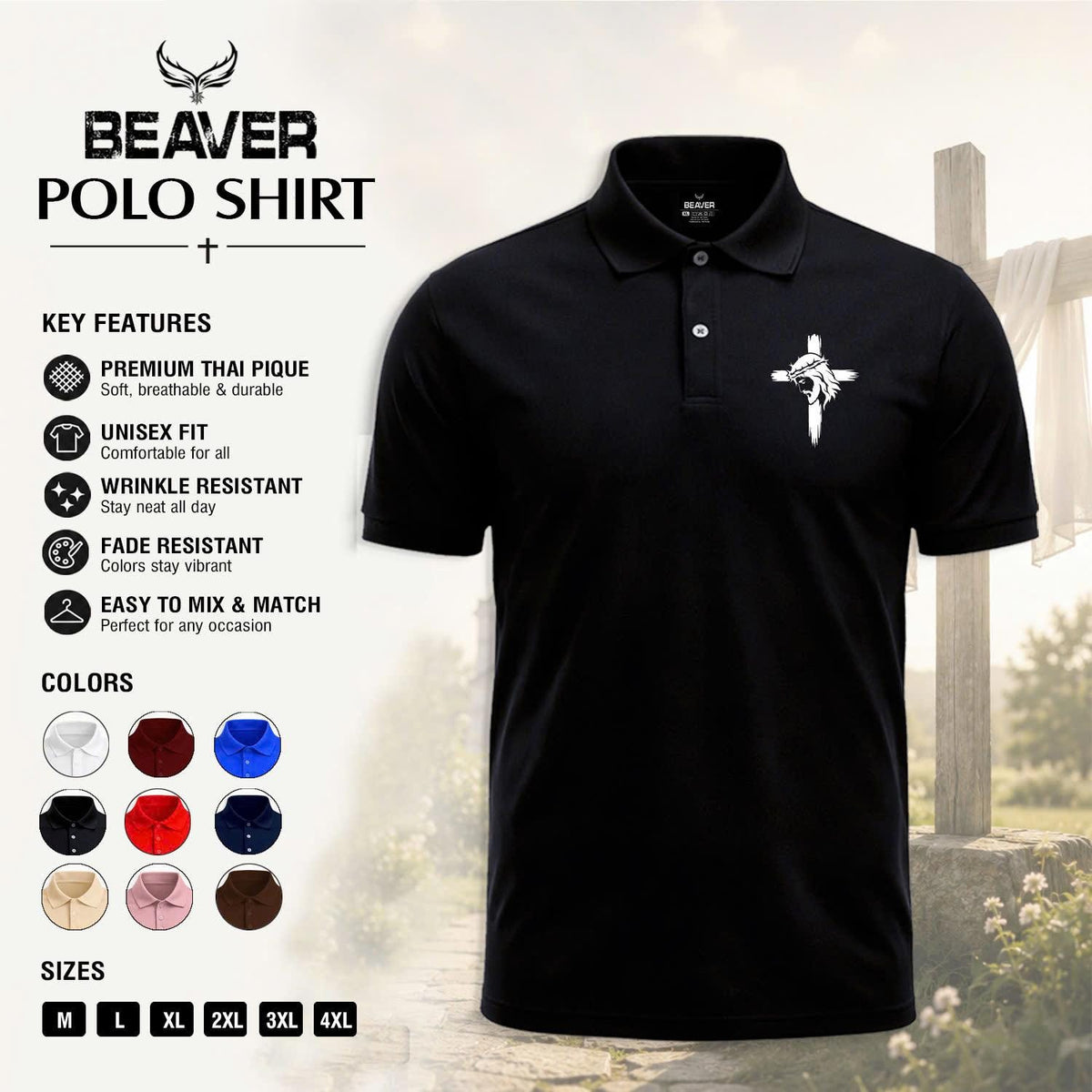 Cross Portrait Graphic Polo Shirt, Vintage Cross Design, Men's Casual Short Sleeve Top