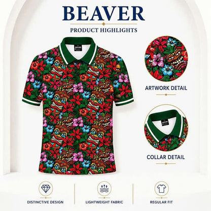 Tiki Mask Floral Polo Shirt, Hawaiian Hibiscus Print, Casual Short Sleeve Collared Shirt