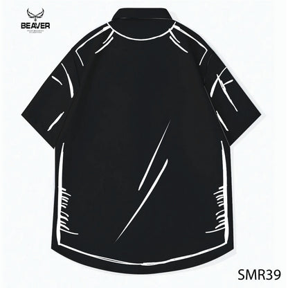 BEAVER Sketch Graphic Button-Up Shirt, Oversized Black & White Streetwear, Unisex Casual Summer Top