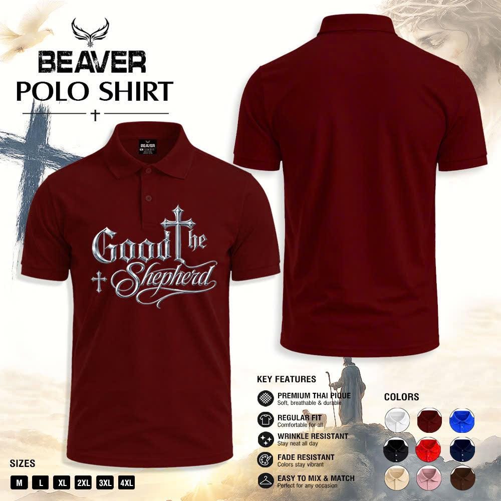 Good Shepherd Polo Shirt, Silver Cross Design, Men's Religious Golf Shirt
