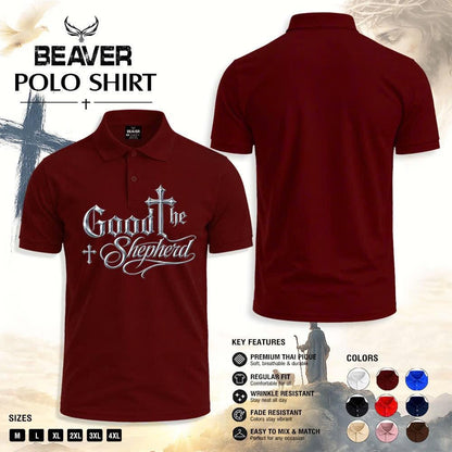 Good Shepherd Polo Shirt, Silver Cross Design, Men's Religious Golf Shirt