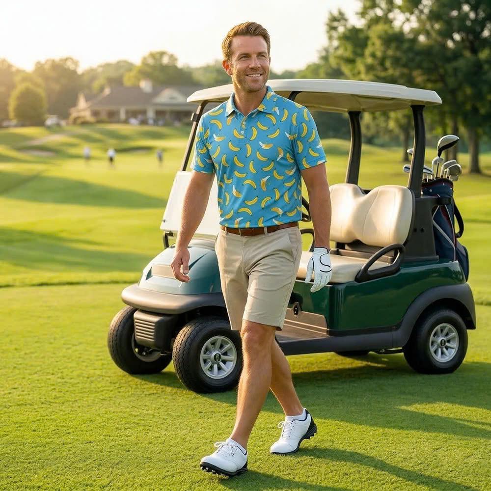 Men’s Athletic Golf Polo 10 – Blue Banana Fruit Pattern Polo Shirt