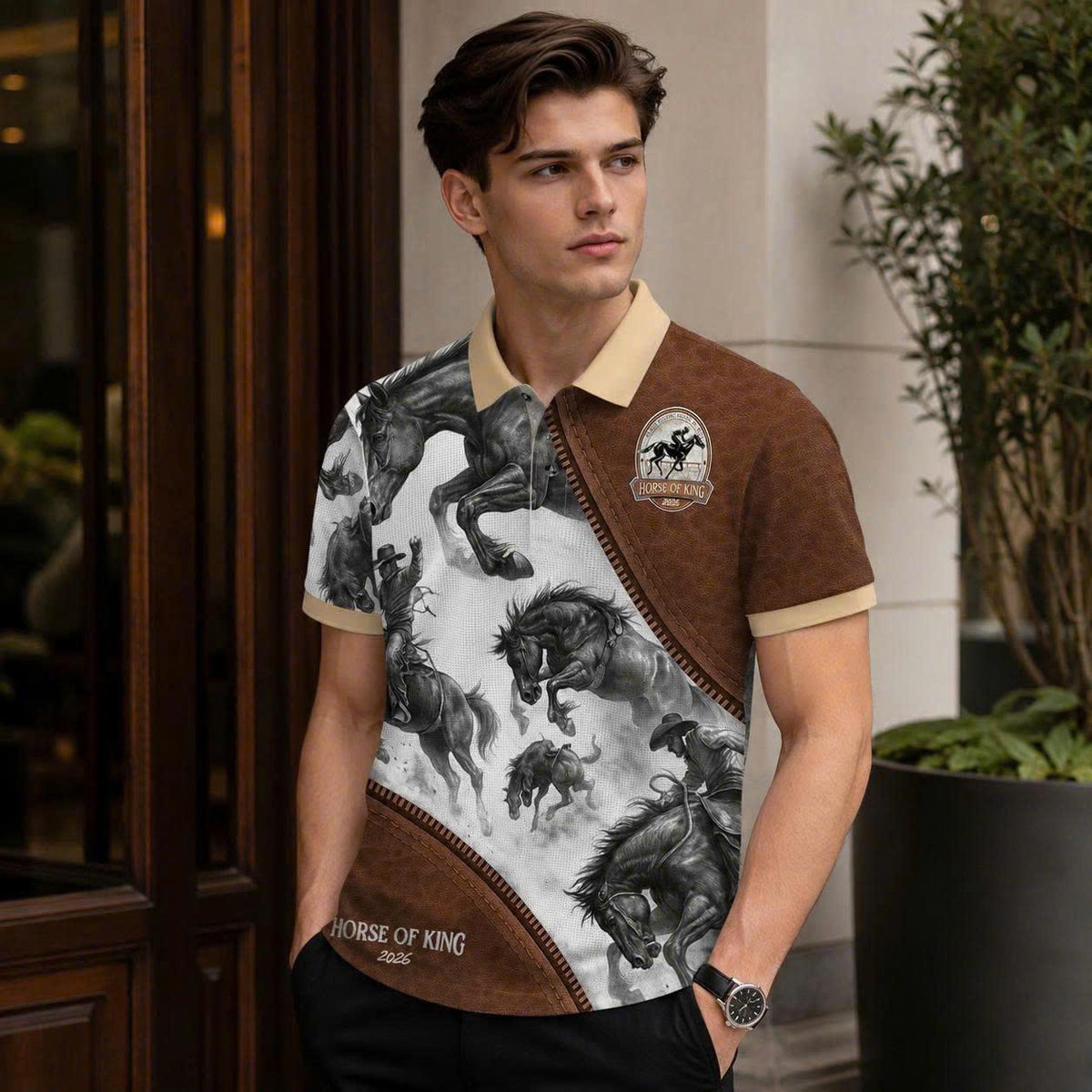 Wild Horse Western Polo Shirt, Cowboy Riding Print, Casual Short Sleeve Collared Shirt