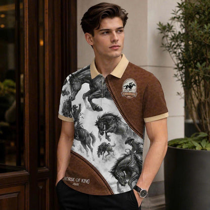Wild Horse Western Polo Shirt, Cowboy Riding Print, Casual Short Sleeve Collared Shirt