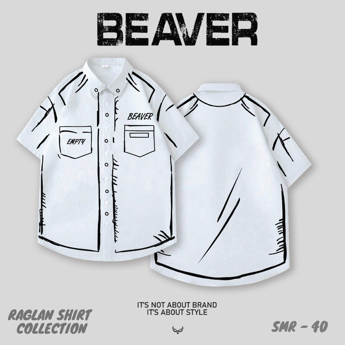 BEAVER Sketch Graphic Button-Up Shirt, Oversized Black & White Streetwear, Unisex Casual Summer Top