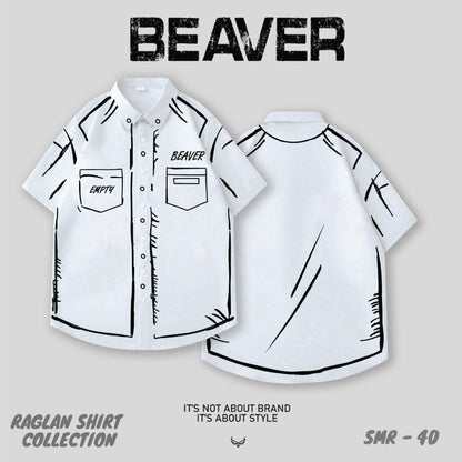 BEAVER Sketch Graphic Button-Up Shirt, Oversized Black & White Streetwear, Unisex Casual Summer Top