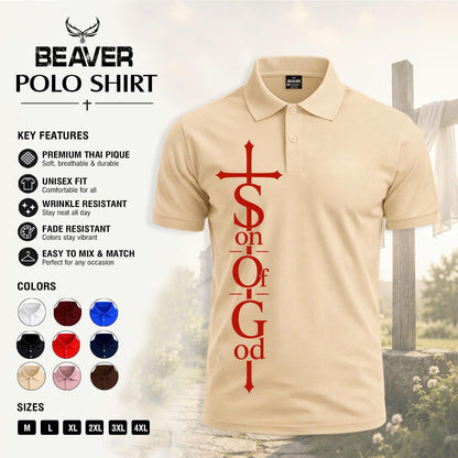 Son of God Cross Graphic Polo Shirt, Men's Casual Top, Vintage Christian Design