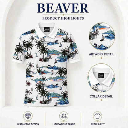 Island Paradise Polo Shirt, Palm Tree Sailboat Print, Casual Short Sleeve Collared Shirt