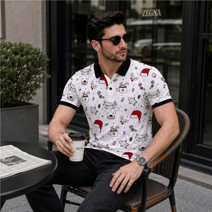 Mens Christmas Polo Shirt, Reindeer Santa Hat Print, Festive Holiday Outfit