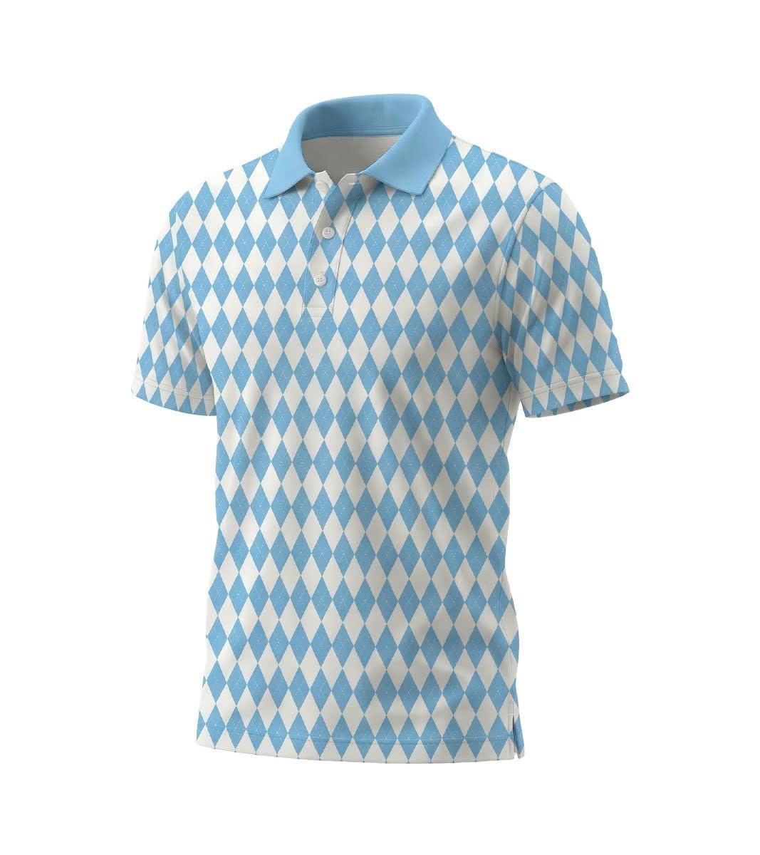 Men’s Athletic Golf Polo 05 – Light Blue Diamond Harlequin Pattern Polo Shirt