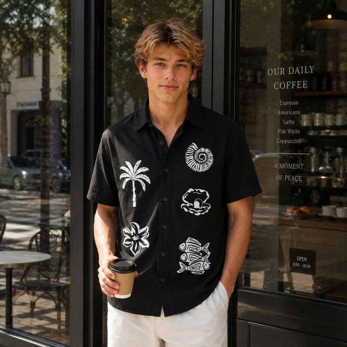 Tropical Ocean Graphic Shirt, Palm Tree Seashell Fish Print, Casual Short Sleeve Button Up