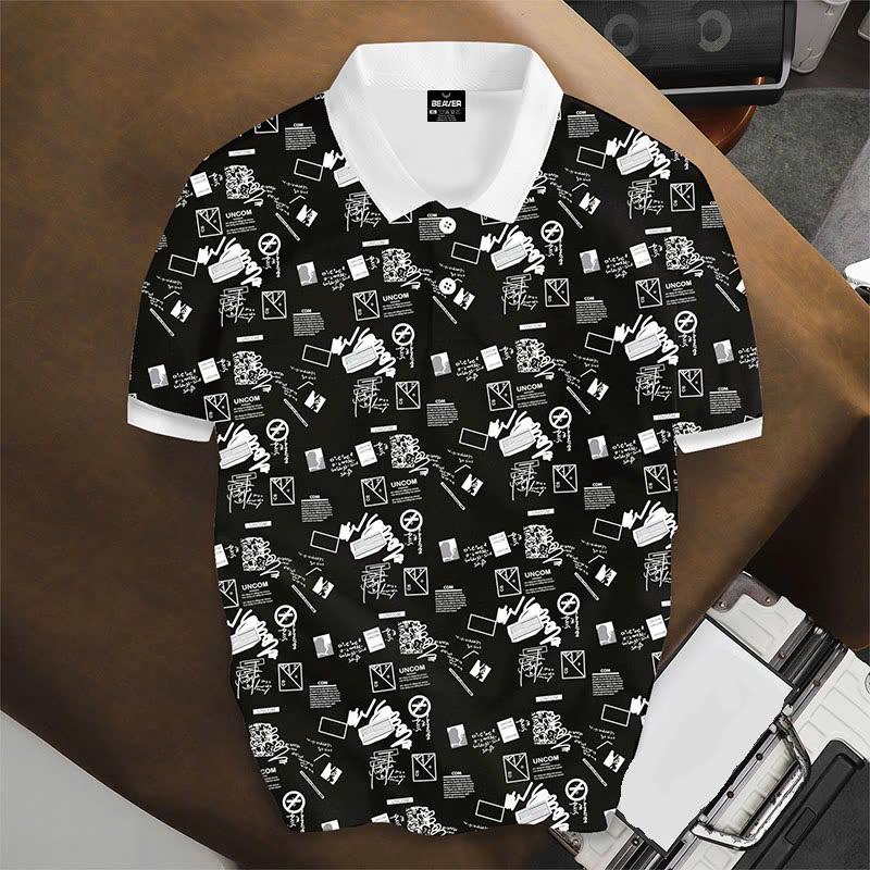 Urban Graffiti Polo Shirt, Black and White Abstract Print, Casual Short Sleeve Collared Shirt