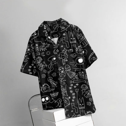 Abstract Doodle Print Shirt, Black & White Button-Down, Unisex Short Sleeve Casual Streetwear Shirt