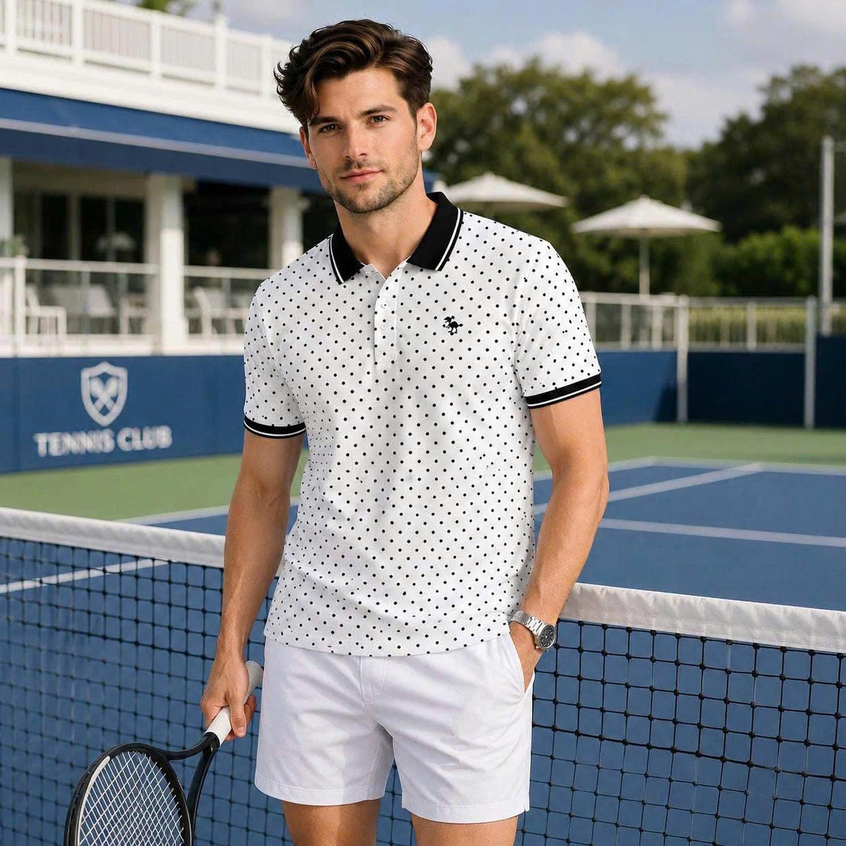 Polka Dot Polo Shirt, Classic Black & White Print, Casual Short Sleeve Collared Shirt
