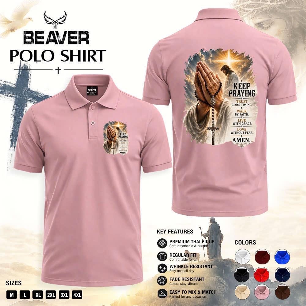 Keep Praying Christian Polo Shirt, Jesus Prayer Cross Graphic, Religious Church & Casual Wear