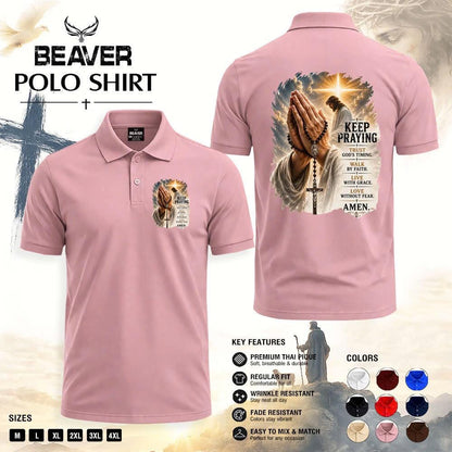 Keep Praying Christian Polo Shirt, Jesus Prayer Cross Graphic, Religious Church & Casual Wear