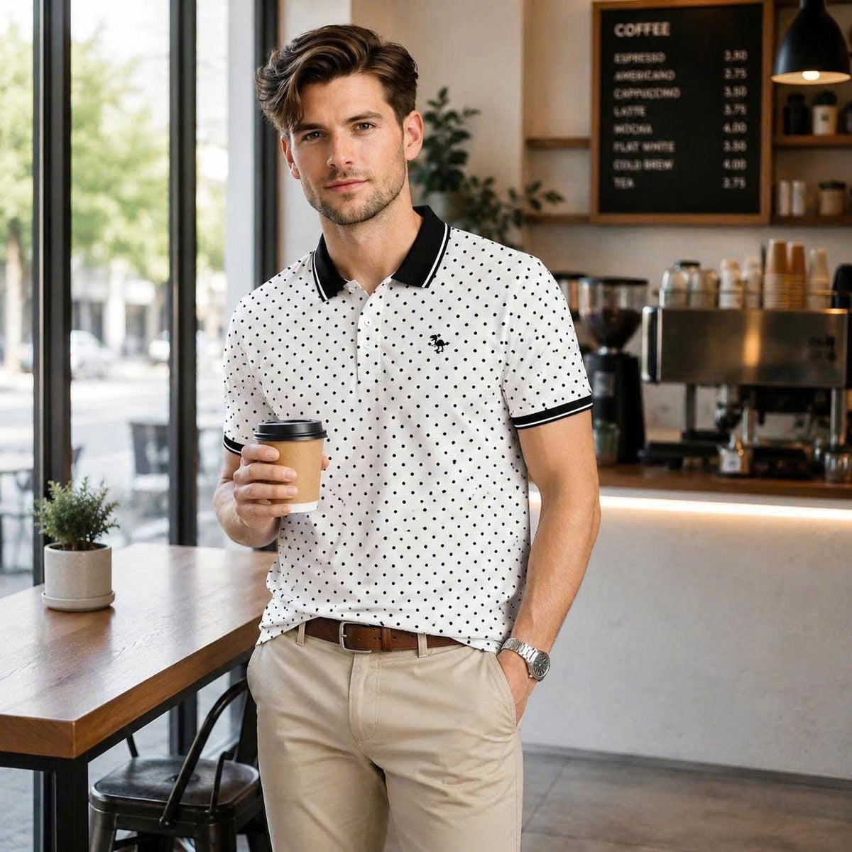 Polka Dot Polo Shirt, Classic Black & White Print, Casual Short Sleeve Collared Shirt