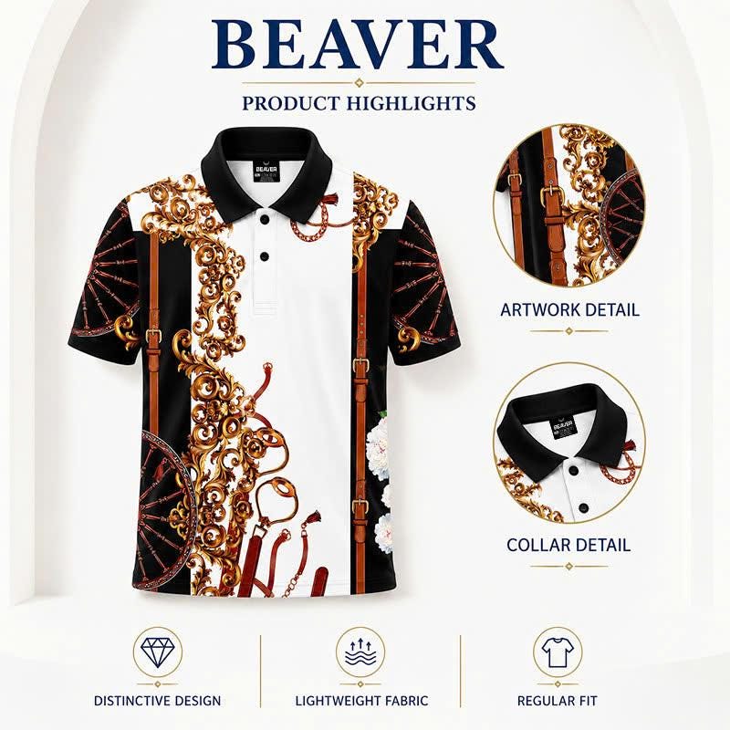 Baroque Ornamental Polo Shirt, Luxury Chain and Strap Print, Men’s Casual Collared Top