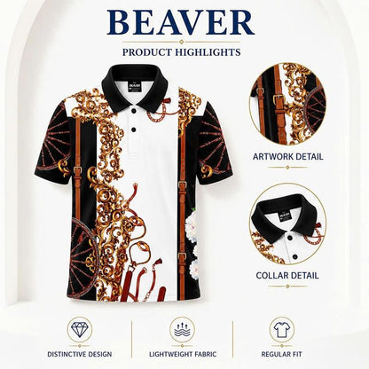 Baroque Ornamental Polo Shirt, Luxury Chain and Strap Print, Men’s Casual Collared Top
