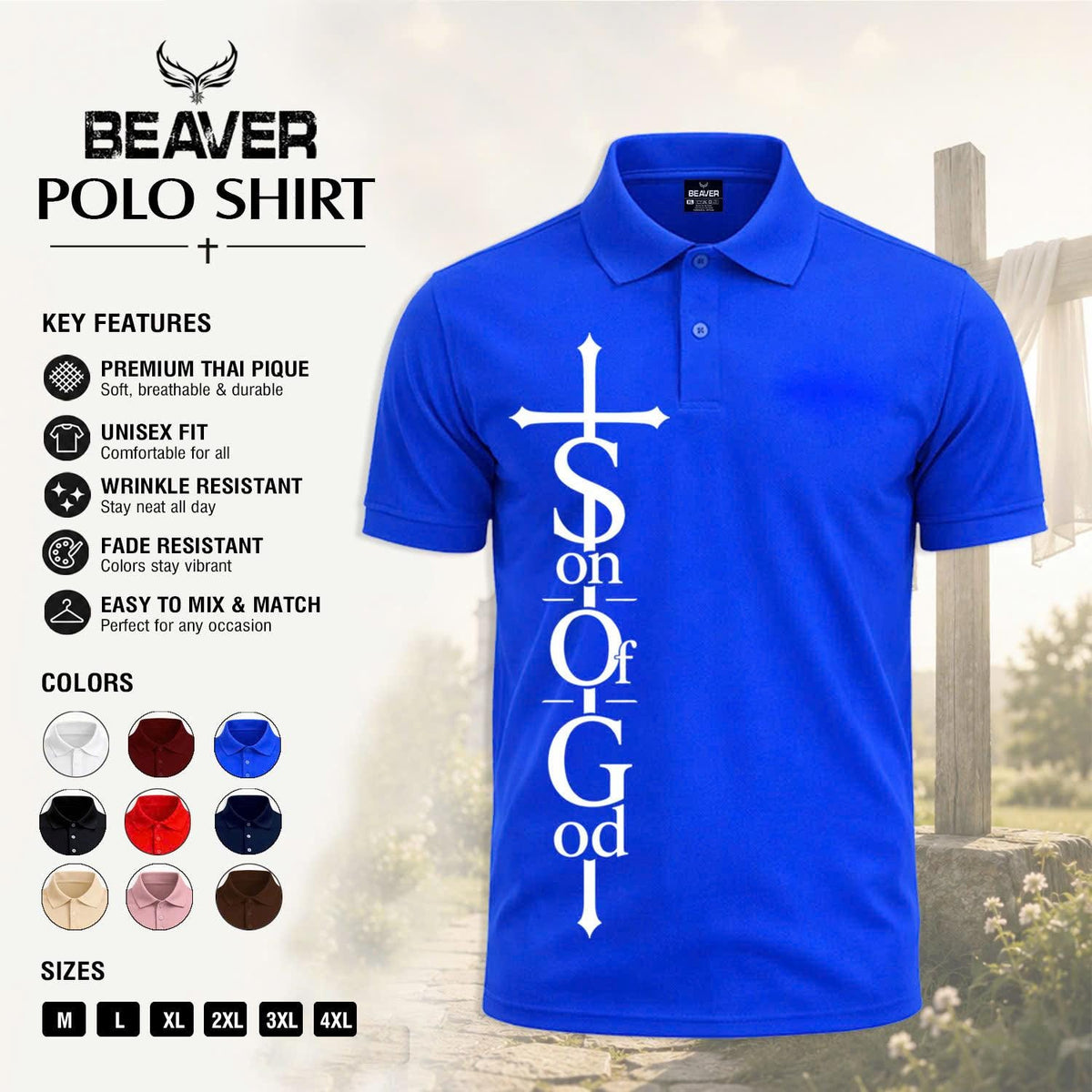 Son of God Cross Graphic Polo Shirt, Men's Casual Top, Vintage Christian Design