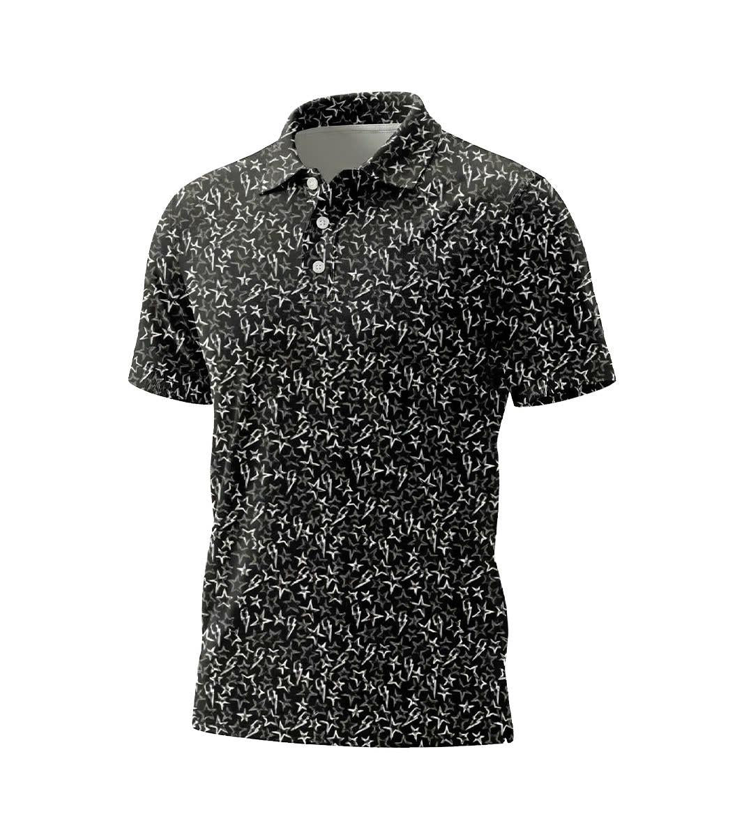 Men’s Athletic Golf Polo 11 – Black Star and Lightning Bolt Pattern Polo Shirt
