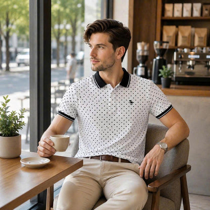 Polka Dot Polo Shirt, Classic Black & White Print, Casual Short Sleeve Collared Shirt