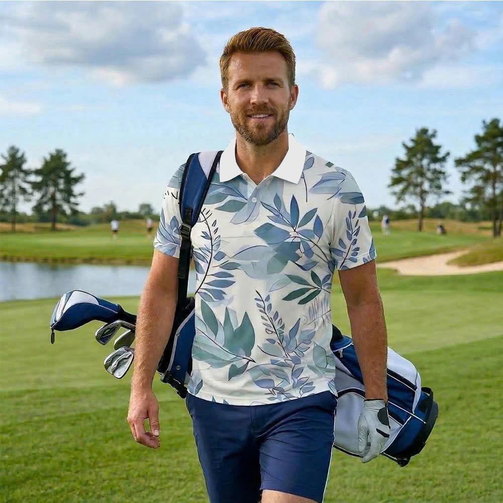 Men’s Athletic Golf Polo 16 – Watercolor Blue Leaf Pattern Polo Shirt
