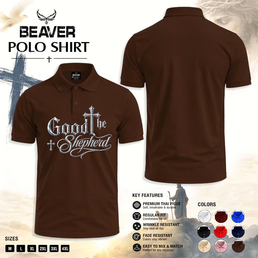 Good Shepherd Polo Shirt, Silver Cross Design, Men's Religious Golf Shirt