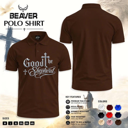 Good Shepherd Polo Shirt, Silver Cross Design, Men's Religious Golf Shirt