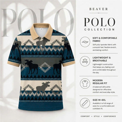 Moose Polo Shirt – Southwestern Tribal Pattern, Rustic Cabin Style