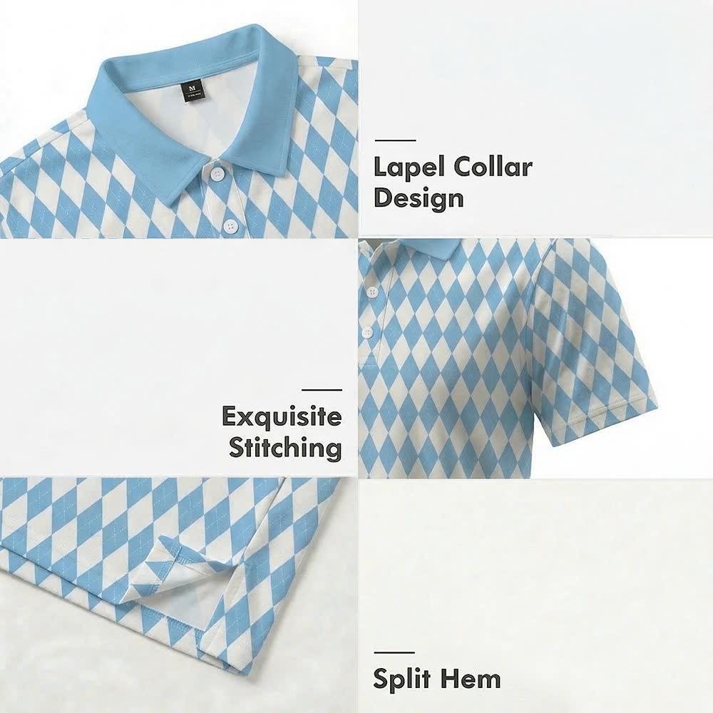 Men’s Athletic Golf Polo 05 – Light Blue Diamond Harlequin Pattern Polo Shirt