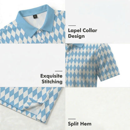 Men’s Athletic Golf Polo 05 – Light Blue Diamond Harlequin Pattern Polo Shirt