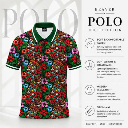 Tiki Mask Floral Polo Shirt, Hawaiian Hibiscus Print, Casual Short Sleeve Collared Shirt