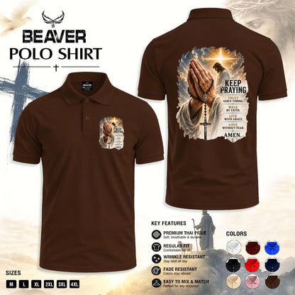 Keep Praying Christian Polo Shirt, Jesus Prayer Cross Graphic, Religious Church & Casual Wear