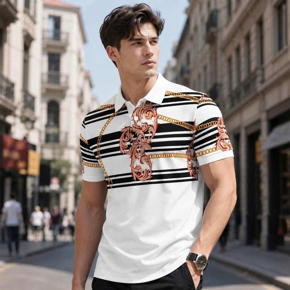 Vintage Baroque Chain Polo Shirt, Luxury Stripe Pattern, Unisex Fashion Top