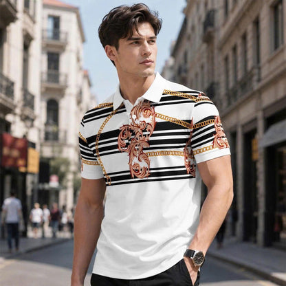 Vintage Baroque Chain Polo Shirt, Luxury Stripe Pattern, Unisex Fashion Top
