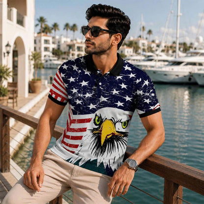 Vintage Distressed American Flag Eagle Polo Shirt, Patriotic USA Style Top