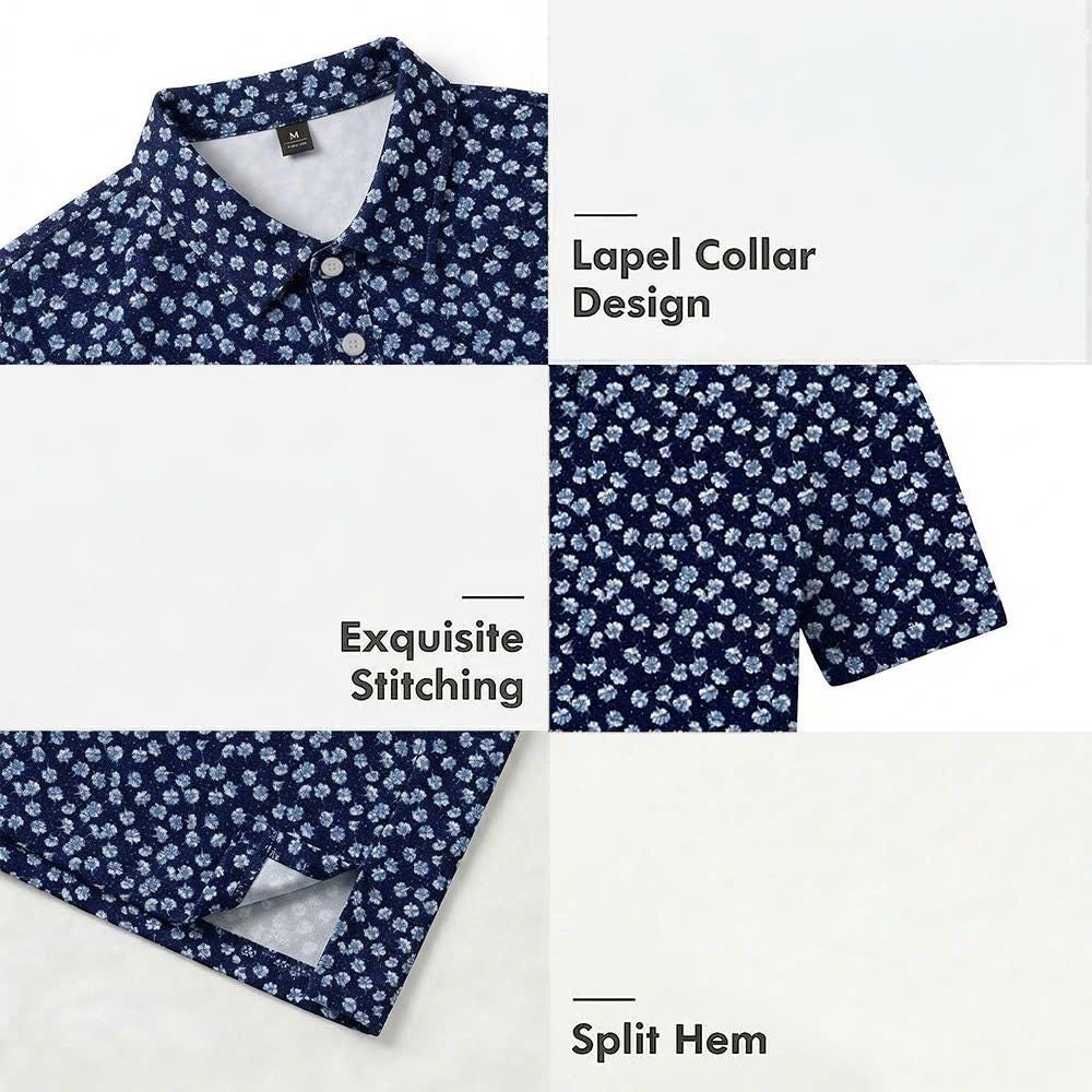 Men’s Athletic Golf Polo 03 – Navy Floral Dot Pattern Polo Shirt