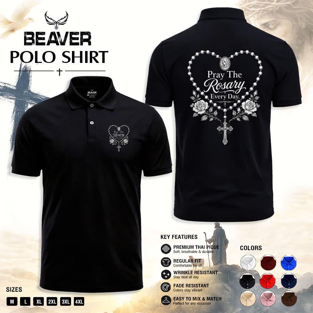 Pray The Rosary Every Day Polo Shirt, Sacred Rosary Heart Design, Men's Vintage Casual Top