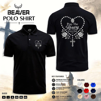 Pray The Rosary Every Day Polo Shirt, Sacred Rosary Heart Design, Men's Vintage Casual Top