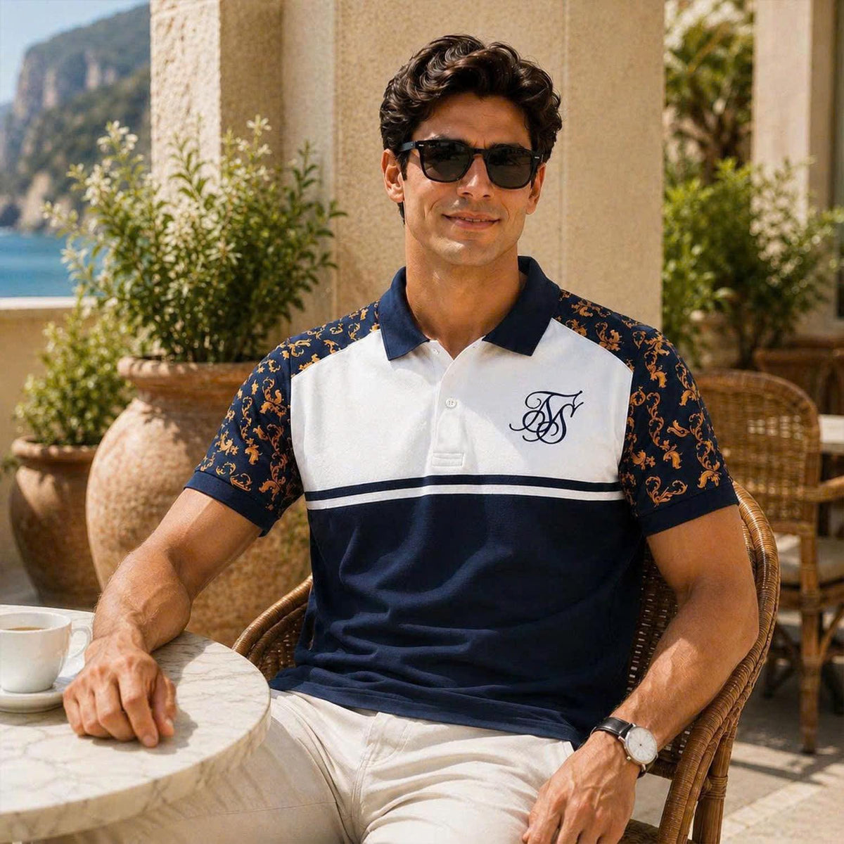 Men's Baroque Polo Shirt, Navy White Color Block Polo, Luxury Ornamental Print Top